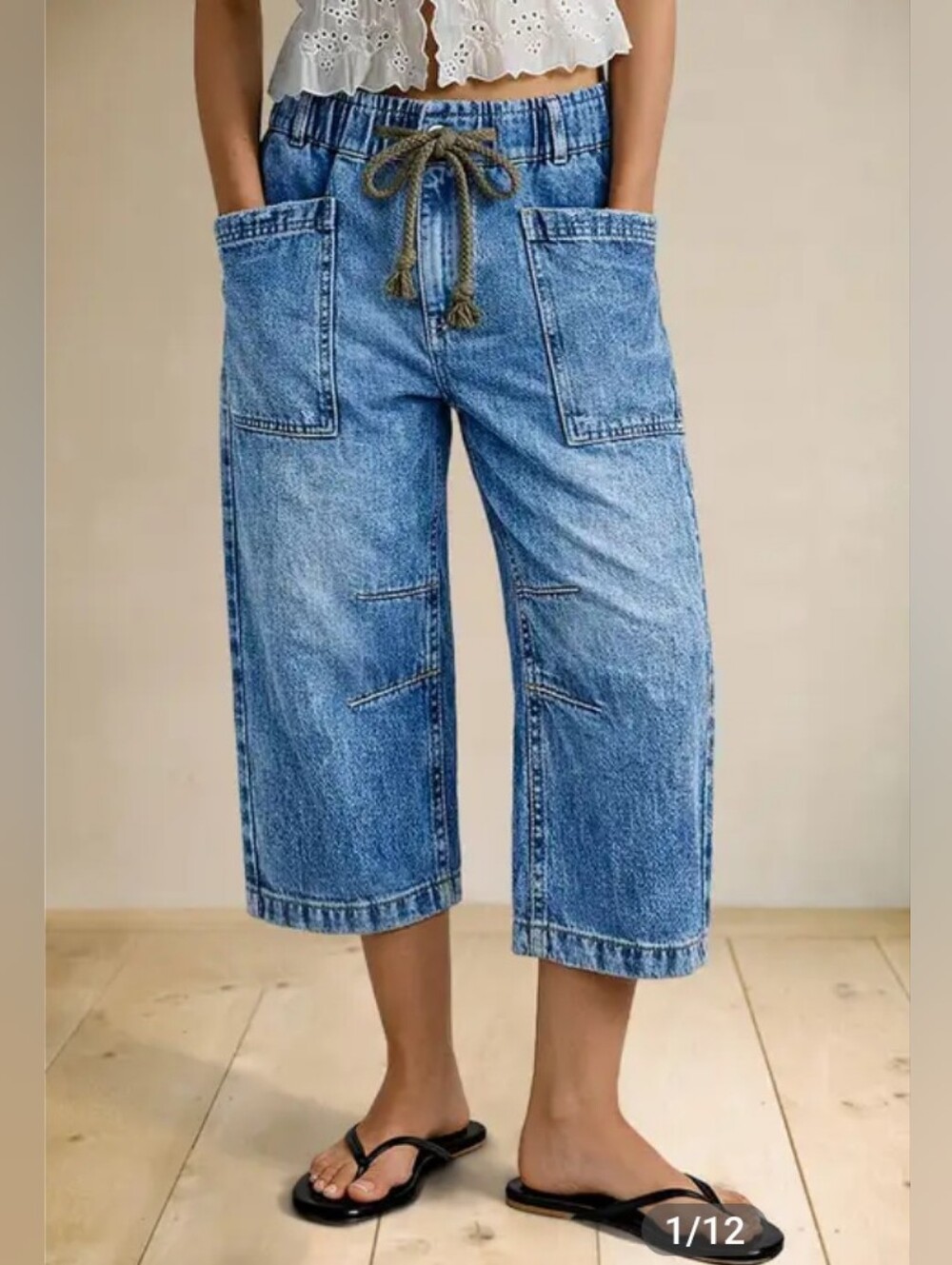 Flamingals Drawstring Patched Pocket Mid Waist Barrel Leg Capri Jeans NWT